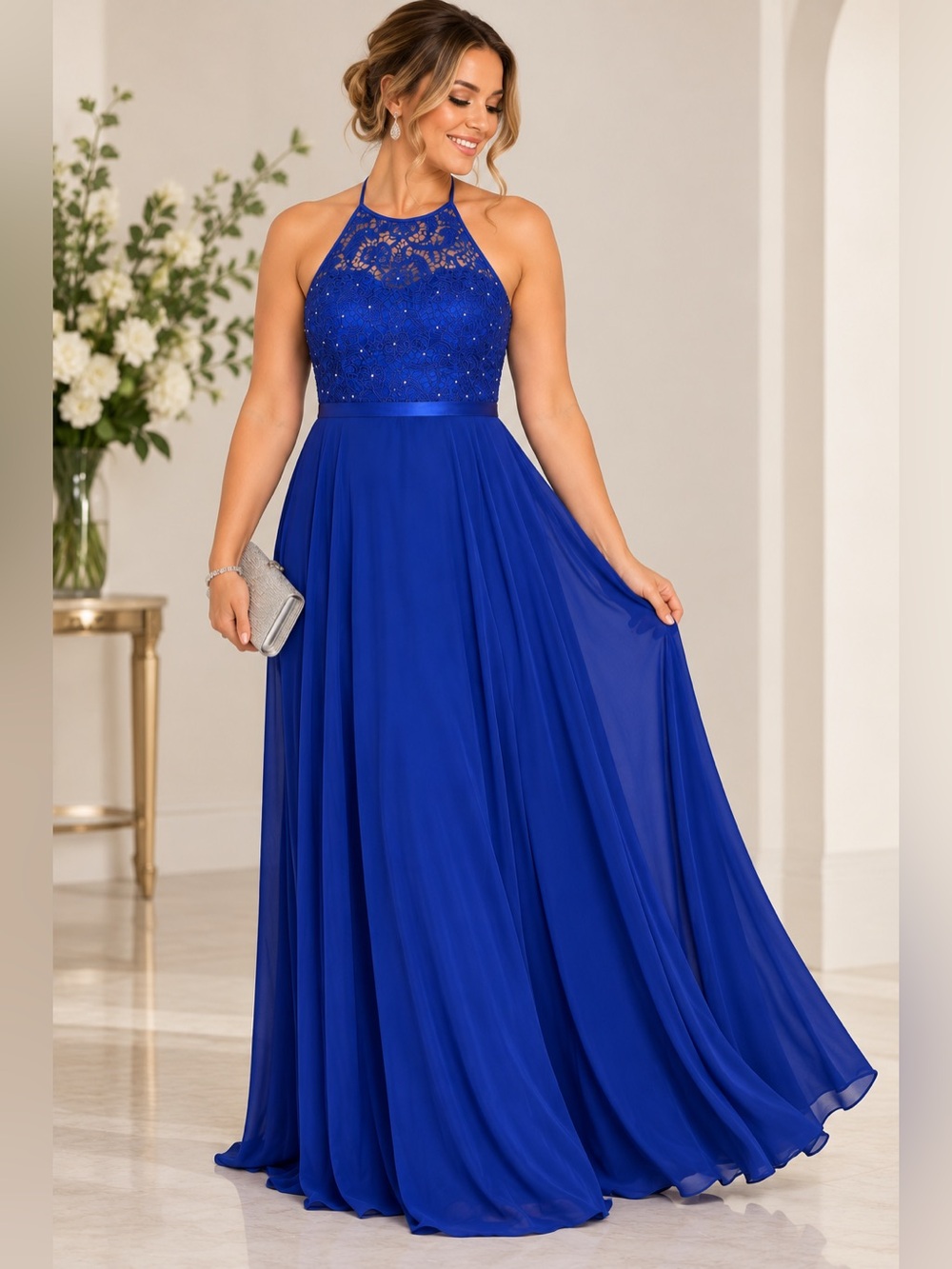 Cindy Blue Lace Halter Maxi Dress Size Large